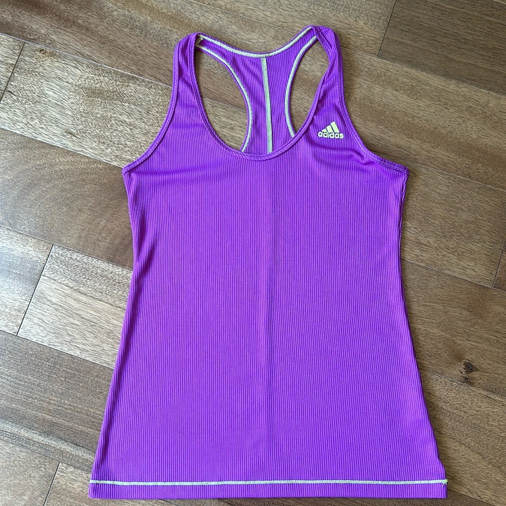 Adidas running tank, purple and lime green